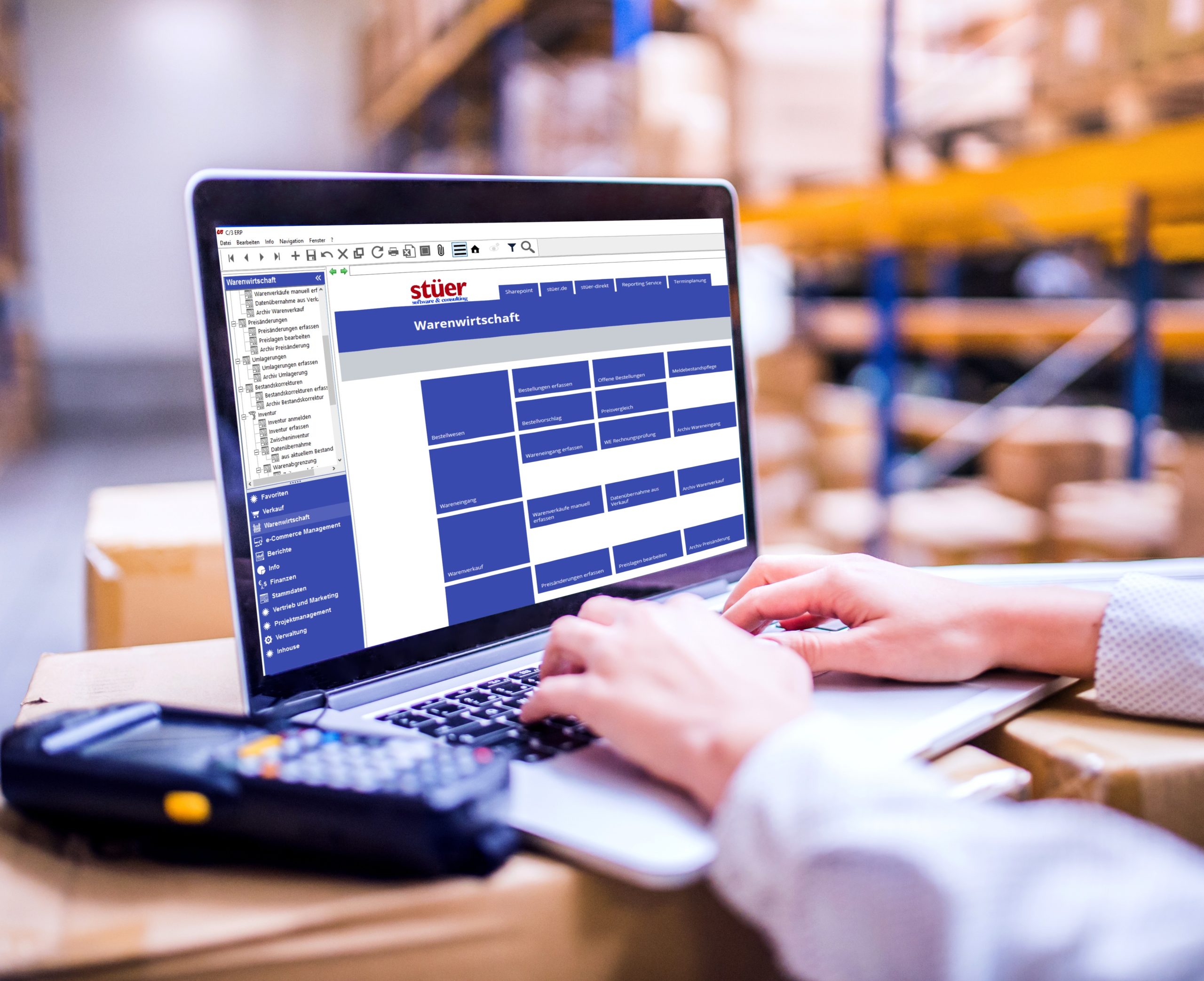 Unrecognizable young woman warehouse worker or supervisor working on a laptop.