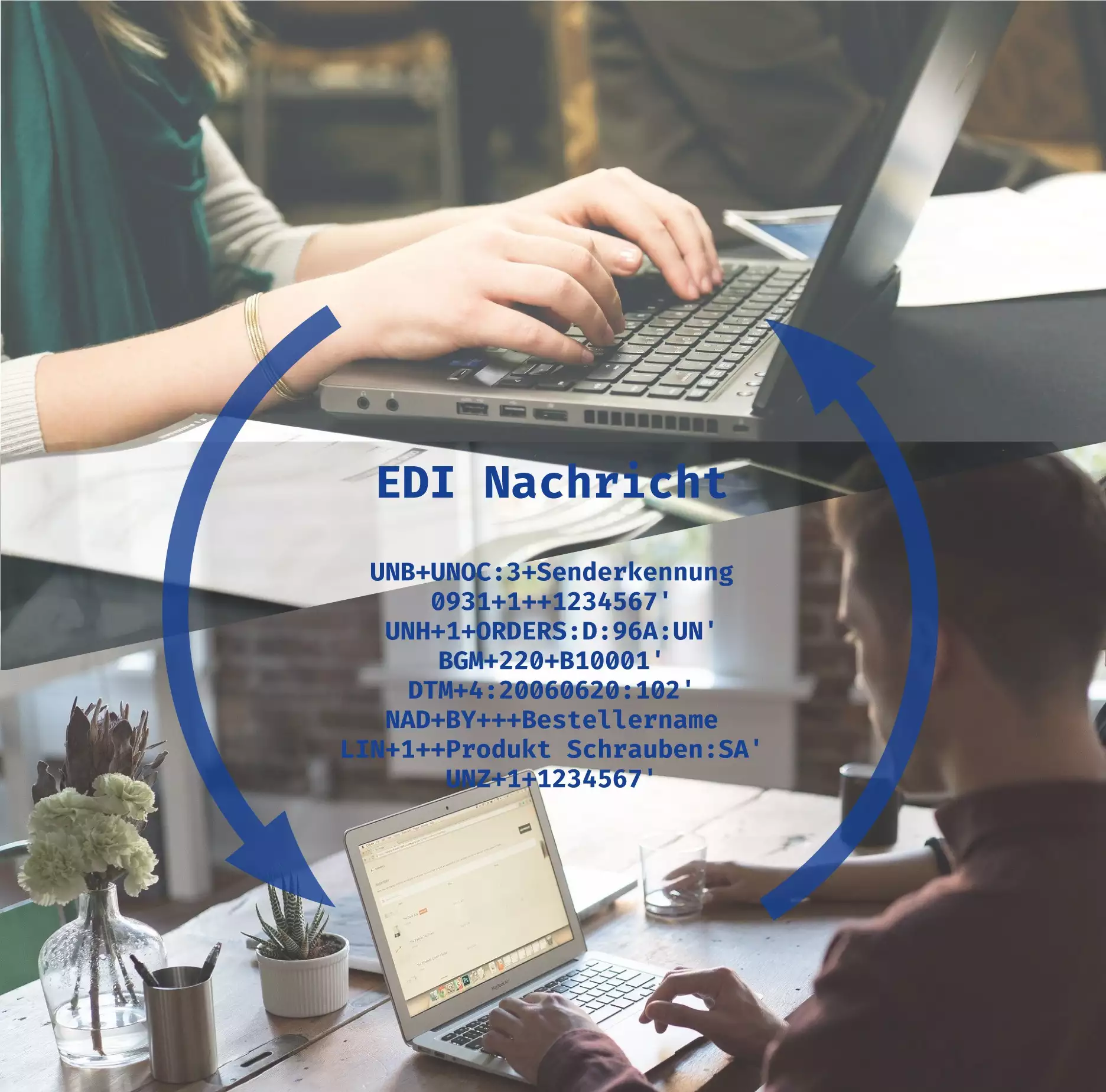 Durch eine Diagonale getrennt zeigt das Bild zwei Personen an ihrem jeweiligen Arbeitsplatz am Laptop an unterschiedlichen Orten, die gemeinsam einen Auftrag bearbeiten.